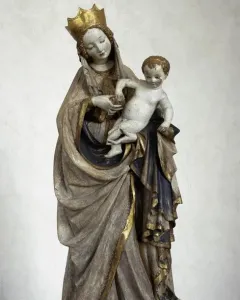 Beautiful Madonna of Wrocław, a painted and gilded Gothic sculpture of the Virgin Mary holding the infant Jesus.