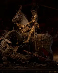 Saint George and the Dragon sculpture showing a knight in gilded armor on a rearing horse over a defeated dragon.