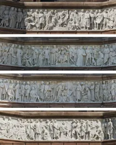 Four stacked panoramic panels showing the Frieze of Parnassus with detailed bas-relief figures in different directions.