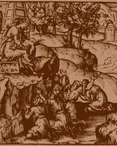 Sepia woodcut illustration of the Golden Woman seated on a stone structure, holding a child, with figures kneeling below.