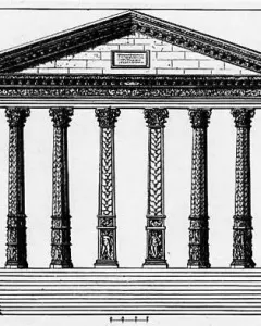Black and white architectural drawing of the Pilier d\'Yzeures-sur-Creuse showing a temple facade with eight columns, sculpted bases, and a wide staircase.