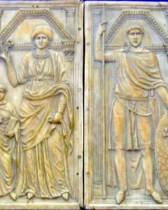 Diptych of Stilicho with carved figures of a woman, child, and armored warrior under arches.