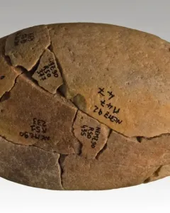 Fragmented light brown stone associated with the Venus of Monruz, marked with handwritten labels and visible cracks.