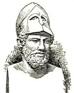 Bust of Pericles with a Corinthian helmet pushed up from his face.