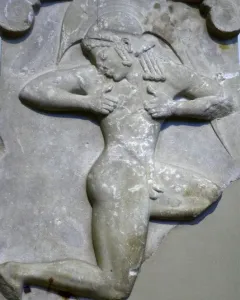 Ancient Greek relief showing a forward-leaning male runner in profile with bent arms.