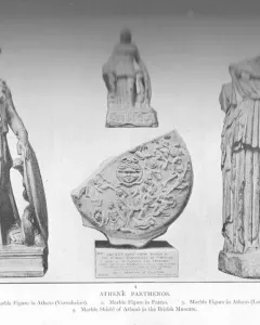 Varvakeion Athena stands draped with an ornate headdress, holding a small Nike and a shield.