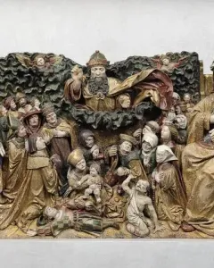 Carved wooden Last Judgement panel with Christ in a crown of thorns, a veiled woman, kneeling figures, and winged figures among dark clouds.