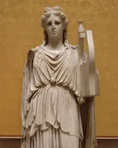 Apollo Barberini marble statue standing in a flowing robe and holding a lyre