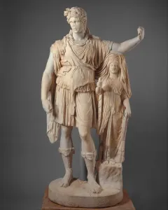 Hope Dionysus marble statue of a male figure leaning beside a draped female figure on a rocky support.