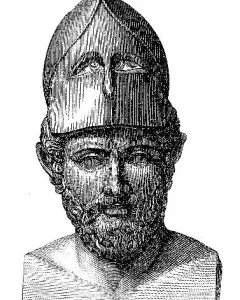 Bust of Pericles with a Corinthian helmet pushed up from his face.
