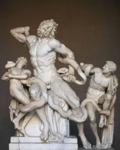 Laocoön and His Sons marble sculpture showing three figures entwined by serpents.