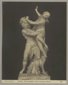Marble sculpture of Pluto abducting Proserpina, with a multi-headed dog at the base.
