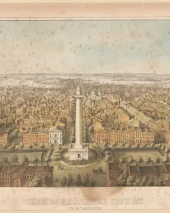 The Washington Monument rises above a Baltimore cityscape, surrounded by streets and buildings with water and hills in the distance.