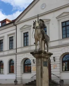 Haldensleben Roland statue of a knight on horseback holding a sword upright in front of a town hall