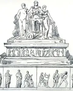 Mantineia Base showing a classical monument with three large figures above two tiers of relief sculpture.
