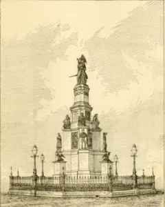 Engraving of the Michigan Soldiers\' and Sailors\' Monument with a multi-tiered pedestal, sculpted figures, and a standing statue at the top, surrounded by an iron fence and lampposts.