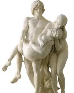 The First Funeral sculpture showing three nude figures in a tragic embrace, with a man carrying a limp youth beside a grieving woman.