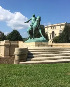 General Philip Sheridan Memorial, a bronze equestrian statue of a uniformed man with his arm outstretched on a stone pedestal.
