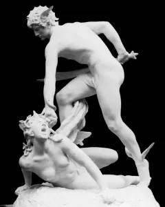 Perseus and the Gorgon marble sculpture showing Perseus poised to strike Medusa, who lies prone with snakes in her hair and a sword raised.