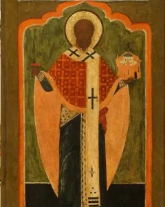 Saint Nicholas of Mozhaysk icon showing a haloed saint holding a sword and a small building model.