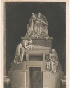 Tomb of Pope Clement XIV with a seated pope figure above two mourning women beside a sarcophagus