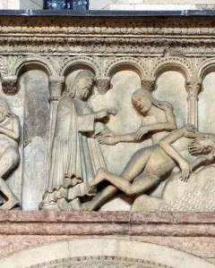 Stone relief from Scenes from Genesis showing several figures beneath small arches, including clothed people gesturing toward nude bodies and a tree at the right.