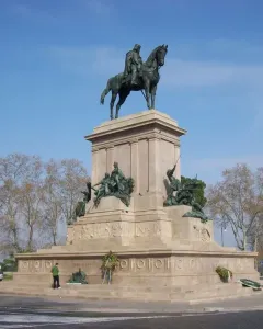 Giuseppe Garibaldi equestrian monument on a stone pedestal with bronze reliefs and sculptures in Rome.