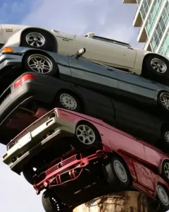 Trans Am Rapture sculpture with cars stacked vertically against a blue sky and a high-rise building.