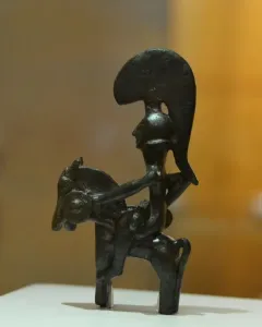 Warrior of Moixent bronze figurine of a rider on horseback with a crested helmet and round shield