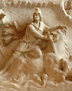 Mithras of Fiano Romano relief showing Mithras slaying the bull, with celestial figures above and a dog and snake below.