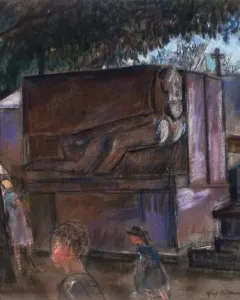 Oscar Wilde\'s tomb shown as a large rectangular monument with a reclining winged figure, set among cemetery trees and graves with people in the foreground.