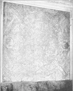 The Dendera Zodiac stone relief with a circular central carving surrounded by figures and symbols.