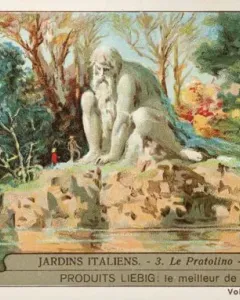 The Apennine Colossus, a colossal bearded stone figure, squats among trees and rocks beside the water.