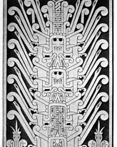 Raimondi Stela with a tall carved panel showing a central anthropomorphic figure and radiating stylized forms.