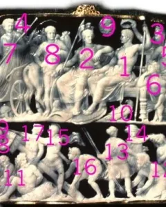 Gemma Augustea cameo with white carved figures in two registers, including a chariot scene above and captives below.
