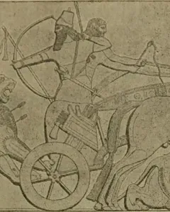 Lion Hunt of Ashurbanipal relief showing a horse-drawn chariot, archers, and lions in a hunting scene.