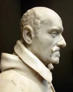 Marble bust of Cardinal Alessandro Peretti, showing a balding man with a mustache and small beard.