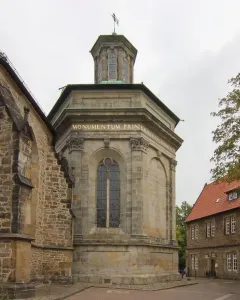 Mausoleum of Prince Ernst in Stadthagen, a stone monument with arched windows and a domed cupola topped by a cross.