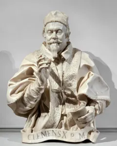 Bernini’s marble bust of Pope Clement X with a raised right hand and a book in the left hand