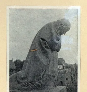 A grainy black-and-white photograph of the Mourning Parents sculpture, showing a robed figure kneeling with its head bowed on a low base outdoors.