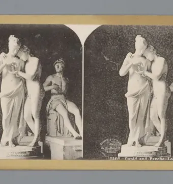 Vintage stereoview card showing two side-by-side black-and-white prints of Standing Psyche and Love on a yellow backing card.