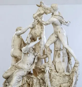Farnese Bull marble sculpture showing a rearing bull restrained by two muscular men, with a seated woman below.