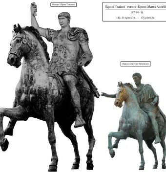 Trajan\'s Equestrian Statue showing an armored rider on a horse with one front leg raised.