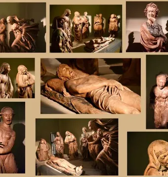 Multiple views of the Compianto sul Cristo morto terracotta sculpture group, showing grieving figures gathered around a prone Christ figure.