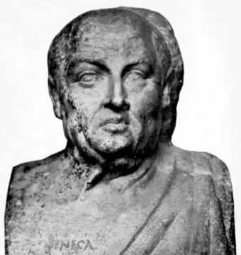 Double herm of Socrates and Seneca, showing the aged stone head and shoulders of Seneca with the second head turned away.