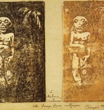 Two woodblock impressions of Gauguin’s Oviri figure with a grimacing face and wild headdress-like hair.