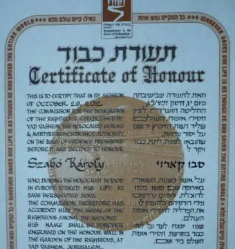 Yad Vashem Certificate of Honour recognizing Szabó Károly, with English and Hebrew text and a gold seal.
