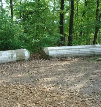 Two weathered Capitol Columns stone segments lie on a dirt and woodchip path surrounded by dense green foliage.