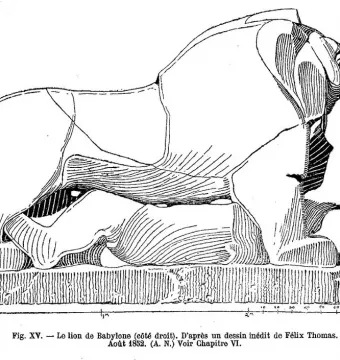 Black-and-white drawing of the Lion of Babylon sculpture lying down with a human figure beneath its chest and front paws.