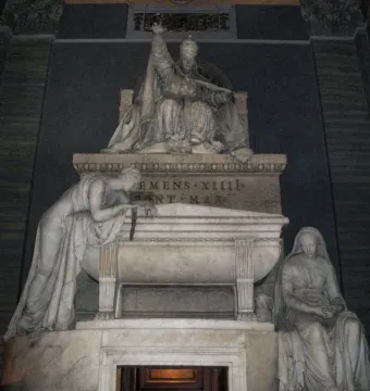 Tomb of Pope Clement XIV by Antonio Canova, showing a seated pope above two draped female figures and a sarcophagus